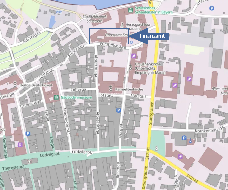  Lageplan mit Markierung des Finanzamts Straubing, Fürstenstraße 21